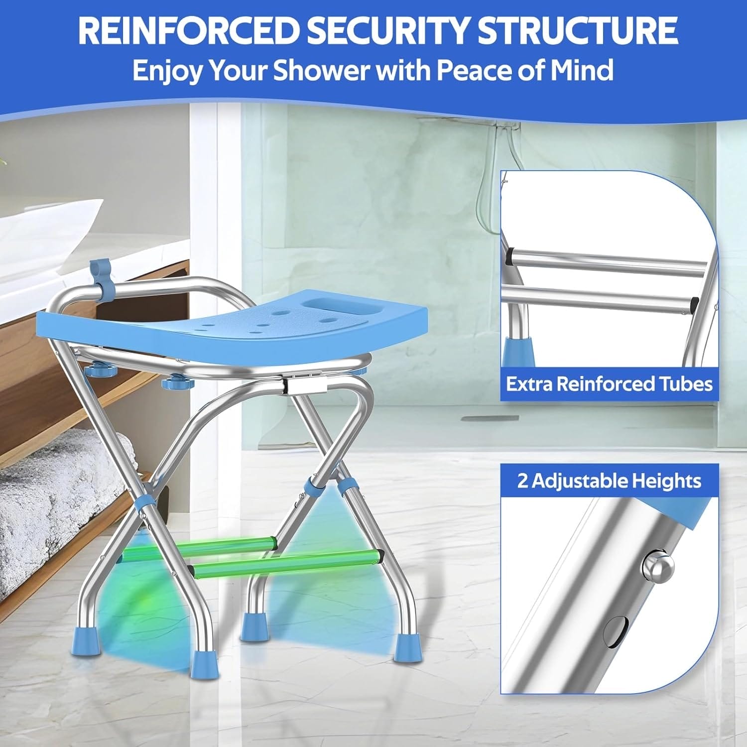 Folding Shower Seat - Stainless Steel Shower Chair for Inside Shower - 420lbs Height Adjustable Foldable Shower Stool - Portable Travel Collapsible Bath Bench for Elderly, Senior, Handicap & Disabled - Image 4