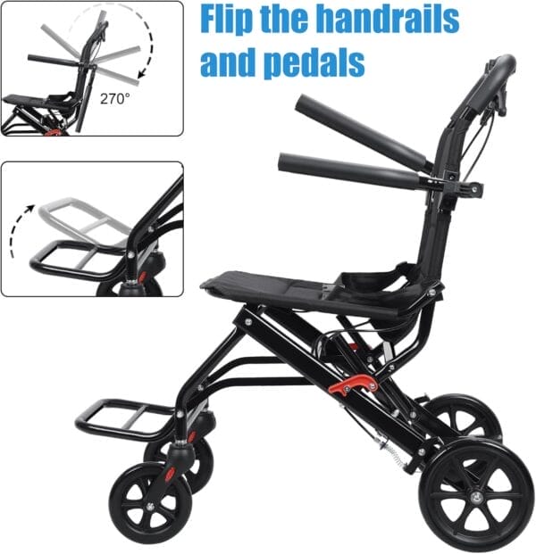 Portable Folding Transport Wheelchair, Lightweight Foldable Wheel Chair for Adults, Travel Wheelchair for Elderly (Black No Pull Rod) - Image 6