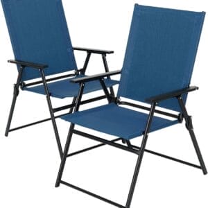 2 Pcs Folding Patio Chairs, Outdoor Dining Chairs with Blue Sling High Back and Armrests Used for Camping Garden Backyard Pool Porch