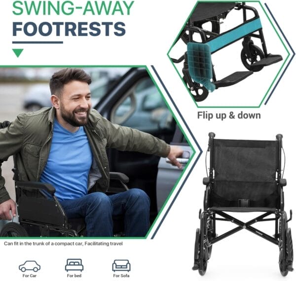 Magshion Foldable Transport Wheelchair for Adults 250 Lbs, Lightweight Transport Chair for Seniors, Portable Wheel Chair with Removable Cushion, Push-to-Lock & Hand Brakes, 17.5" Seat (Black Frame) - Image 6
