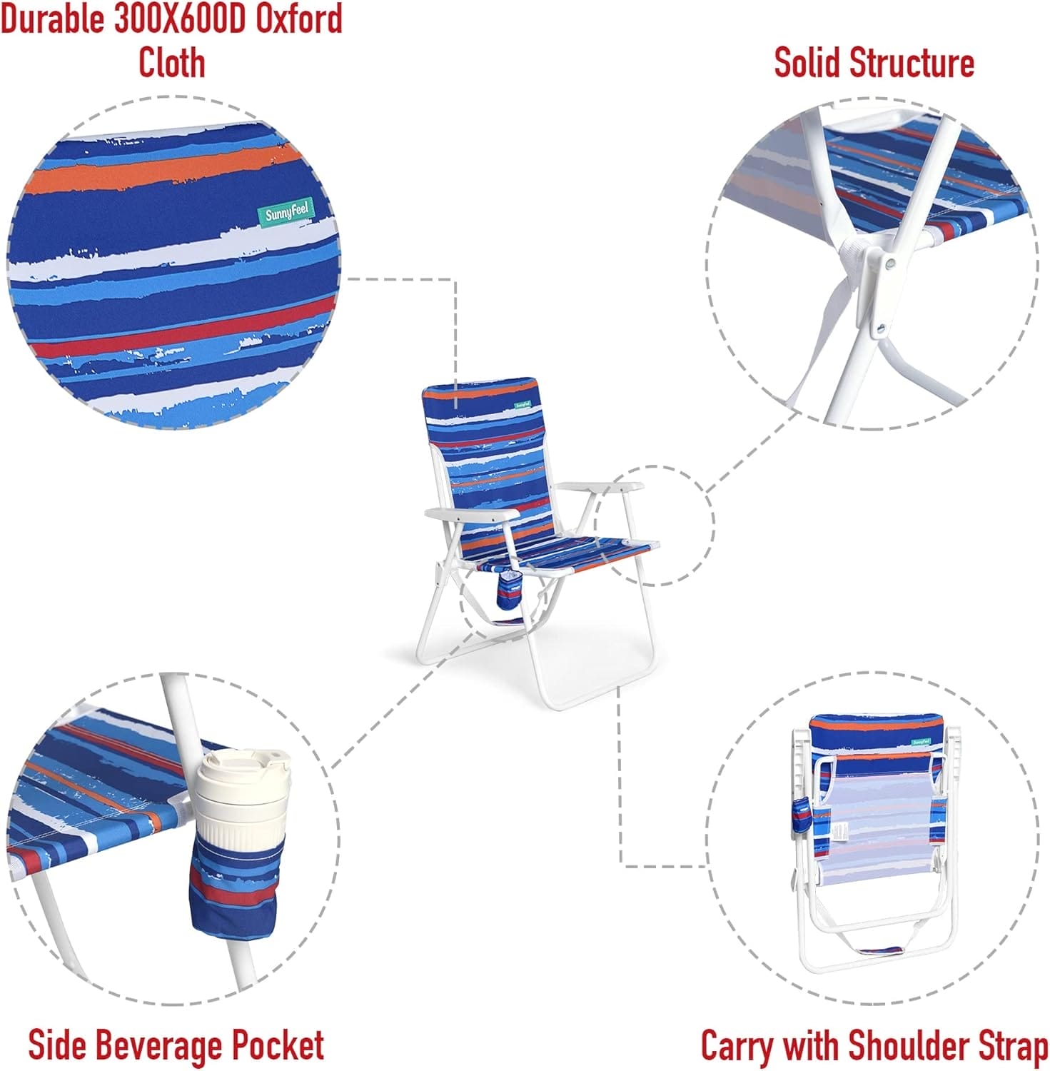 SunnyFeel 15" Tall Folding Beach Chair, Oversized Portable High Seat Sand Chair for Adults Heavy Duty 300 LBS, Foldable Camping Lawn Chairs for Camp/Outdoor/Travel/Picnic/Concert/Sports - Image 6