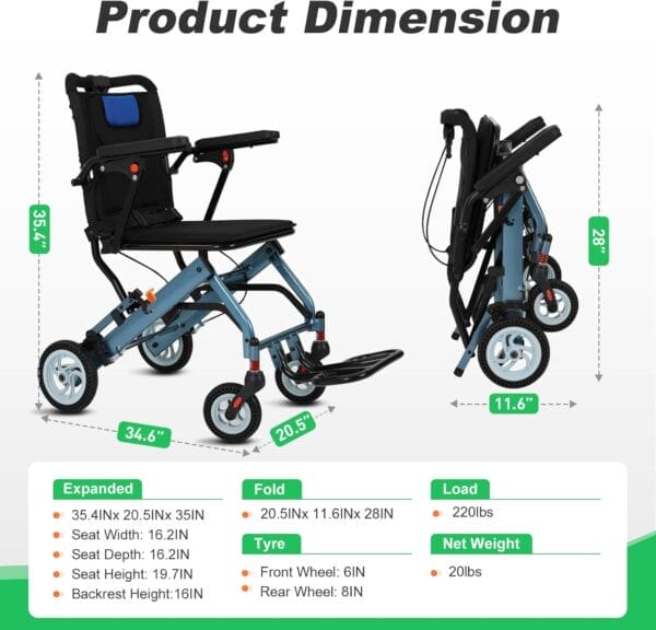 Ultra Lightweight Wheelchairs for Adults 20lbs - Foldable Transport Chair with 8" Honeycomb Tires & Detachable Cushion, 220lbs Capacity - Elderly Wheelchair for Travel, Hospital, Home Use (Blue) - Image 3