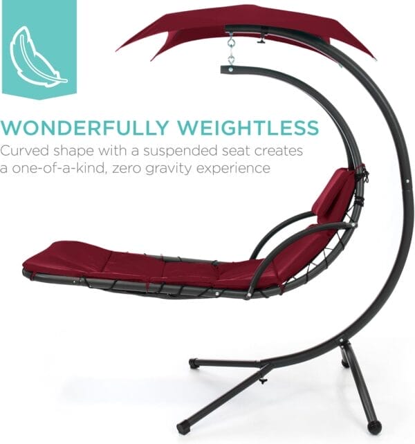 Best Choice Products Outdoor Hanging Curved Steel Chaise Lounge Chair Swing w/Built-in Pillow and Removable Canopy - Burgundy - Image 3