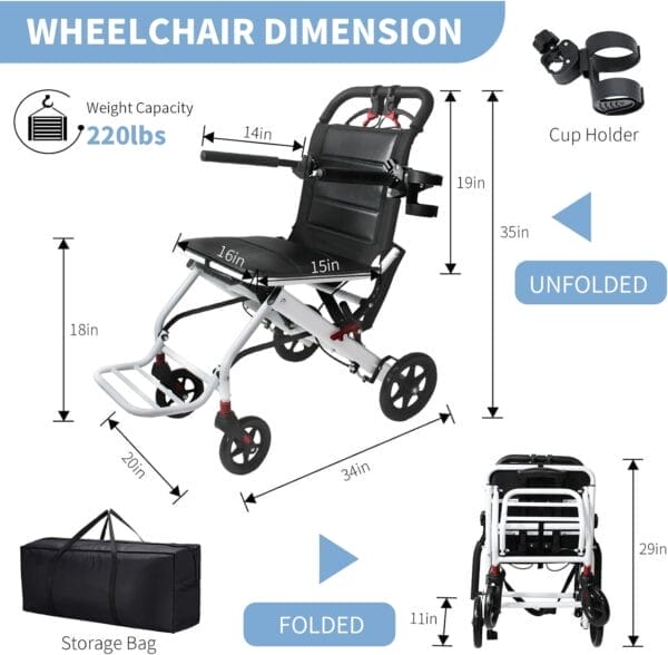 Lightweight Transport Wheelchair with Telescopic Handle, Folding Travel Wheelchairs for Adults Seniors Kids, Portable Padded Transport Chair with Travel Bag, Support 200lbs - Image 2