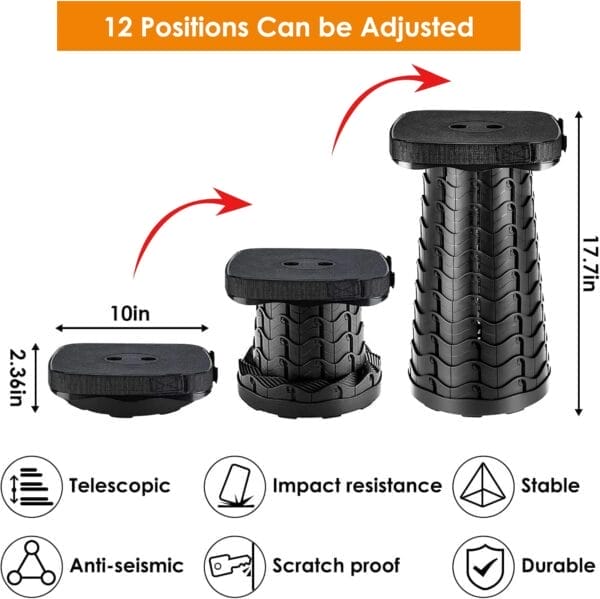Folding Camping Stool - Square Collapsible Portable Seat with Elastic Cushion & Adjustable Nylon Bag, Sturdy Lightweight Telescoping Design, Max Load 485lb - Image 2