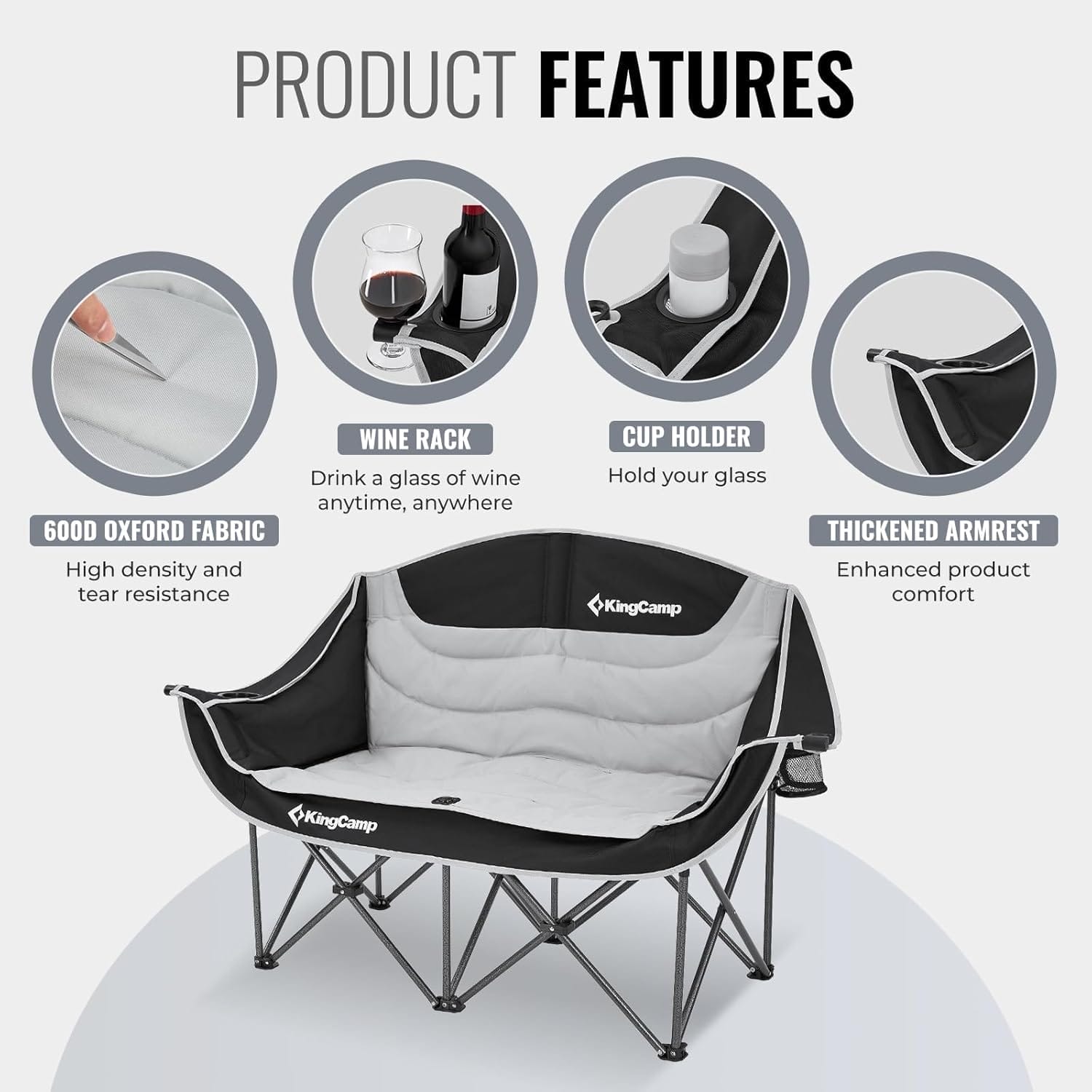 KingCamp Double Camping Chair, Oversized Heavy Duty Loveseat for Adults Portable Folding XL 2 Person Couch Padded Comfortable Two Seat with Cup Holder for Outdoor Lawn Backyard - Image 4