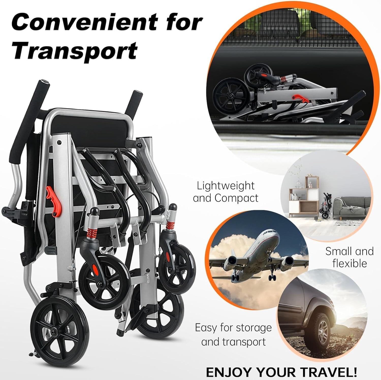 Ultra-Light Transport Wheelchair (only 15lb), Folding Portable Wheelchair with Hand Brake, Trolleys for Elderly Aircraft Travel, Wheelchairs for Adults (with Travel Bag) - Image 7