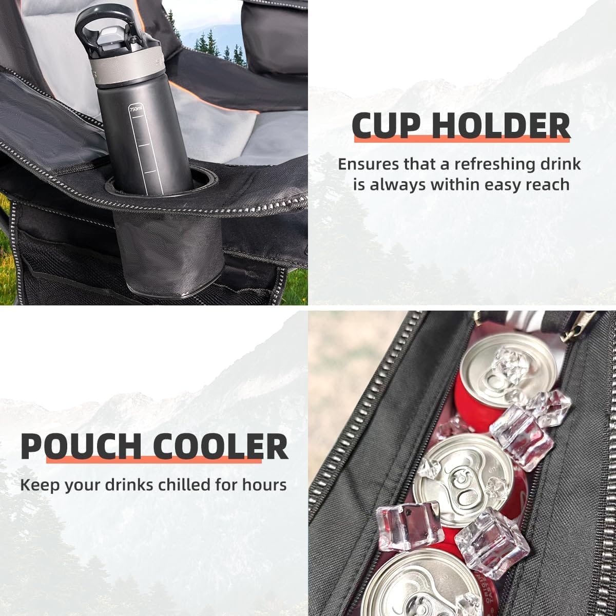 Oversized Camping Chair Heavy Duty 500LBS - Folding Outdoor Chair with Cooler Bag, Storage Pockets, Portable Collapsible Lawn Chairs for Adults (Black & Gray) - Image 4