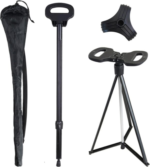 Cane with Seat 2-in-1 Portable Walking Stick with Seat for Men & Women Folding Lightweight Sturdy Tripod Cane Foldable Stool Mobility Aid Crutch Chair with Travel Bag for Elderly, Seniors & Handicap