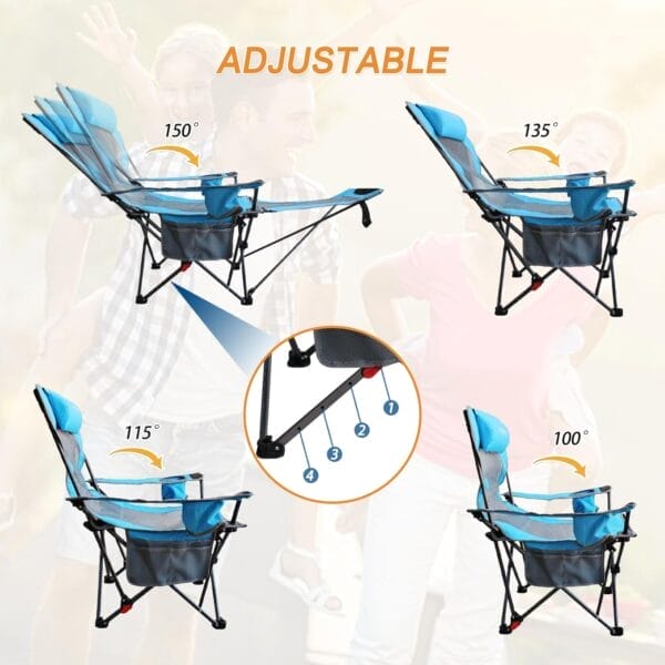 Reclining Camping Chair with Removable Footrest Lounge Chair with Headrest, Cotton Cushion, Portable Adjustable Folding Chairs for Adults Blue - Image 7