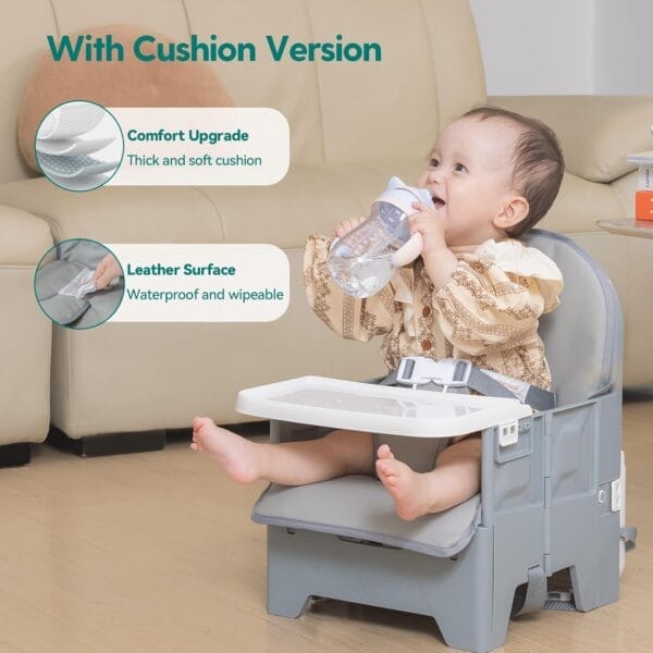 BABELIO Portable Booster Seat for Kitchen Chair with PU Waterproof Cushion, Compact Folding High Baby Chair for Travel with Feeding Tray, Great for Baby, Dining Table, Camping, Beach, Slate Grey - Image 4