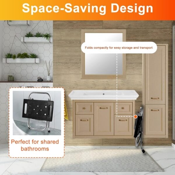 Folding Shower Seat, Stainless Eligible Shower Chair for Inside Shower, 400lbs Portable Travel Shower Stool, Safety Anti-Slip Bath Chair for Seniors, Disabled(Black) - Image 7