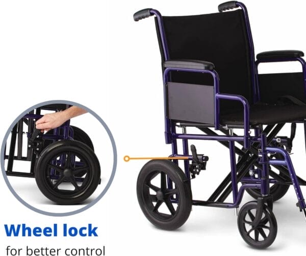 Medline Heavy Duty Transport Chair supports up to 500 lbs., Bariatric Transport Wheelchair, 22" x 18" seat, Blue Frame - Image 6