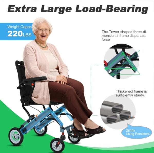 Ultra Lightweight Wheelchairs for Adults 20lbs - Foldable Transport Chair with 8" Honeycomb Tires & Detachable Cushion, 220lbs Capacity - Elderly Wheelchair for Travel, Hospital, Home Use (Blue) - Image 7