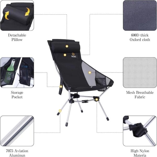 Nice C Ultralight High Back Folding Camping Chair, Backpacking Chair, Compact & Heavy Duty Outdoor, Travel, Picnic, Festival with 2 Side Pockets, Pillow &Carry Bag (Set of 2 Black) - Image 4