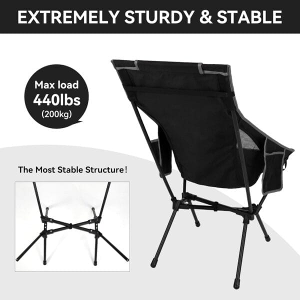 Portable High Back Camping Chair, Support Heavy Duty 440 lbs, Compact Folding Backpacking Chair with Detachable Pillow for Camp, Hiking, Backpacking(Black) - Image 4