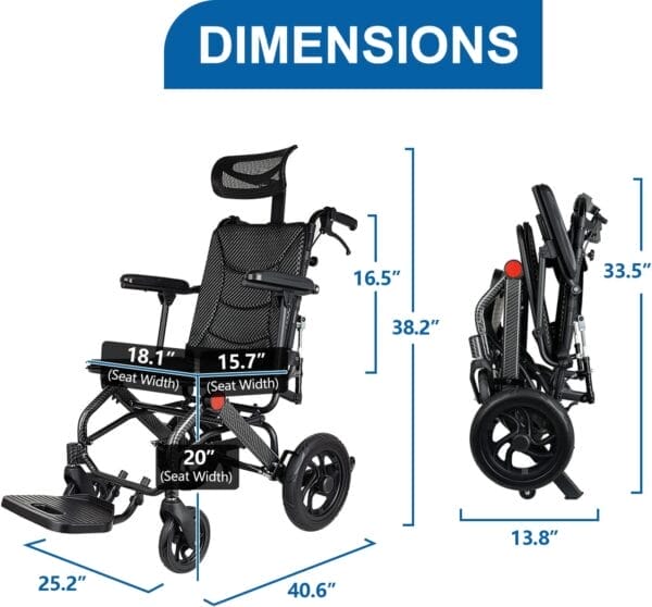 Lightweight Reclining Wheelchairs for Seniors with46cm seat wideth, Compact Foldable Travel Transport Wheelchair for Adults, Portable Aluminum Wheelchair Support 220lbs - Image 4