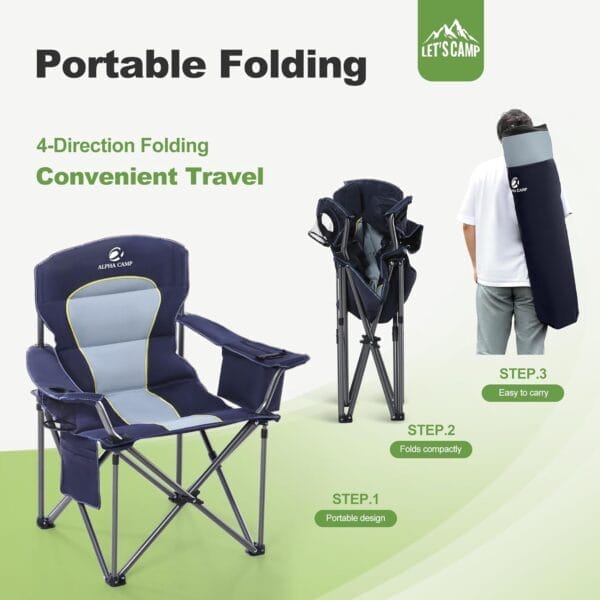 LET'S CAMP Oversized Folding Camping Chair Portable Outdoor Heavy Duty Padded Chairs Lawn Chair with Cup Holder, Storage Pocket and Cooler Bag, Supports 450LBS, for Camp, Travel, Picnic (Blue) - Image 9