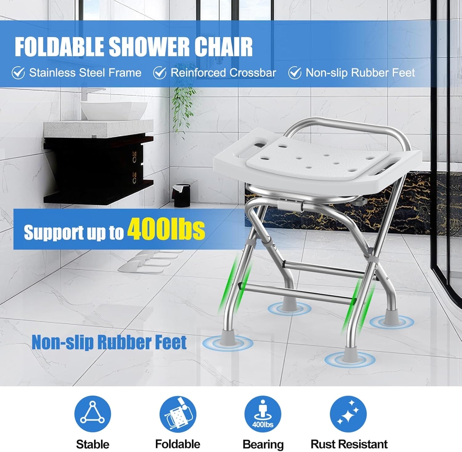 Height Adjustable Folding Shower Chair w/Crossbar, 400lbs Stainless Steel Foldable Shower Chair for Inside Shower, Anti-Slip Portable Travel Shower Stool, Safety Bath Chair for Seniors, Gray - Image 2