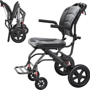 24LBS Lightweight Foldable Transport Wheelchair for Adults & Seniors Portable Aluminum Travel Chair with Handbrake 9" Honeycomb Tires Compact Wheelchair Holds 220 LBS, Black, 15.6" Seat Width