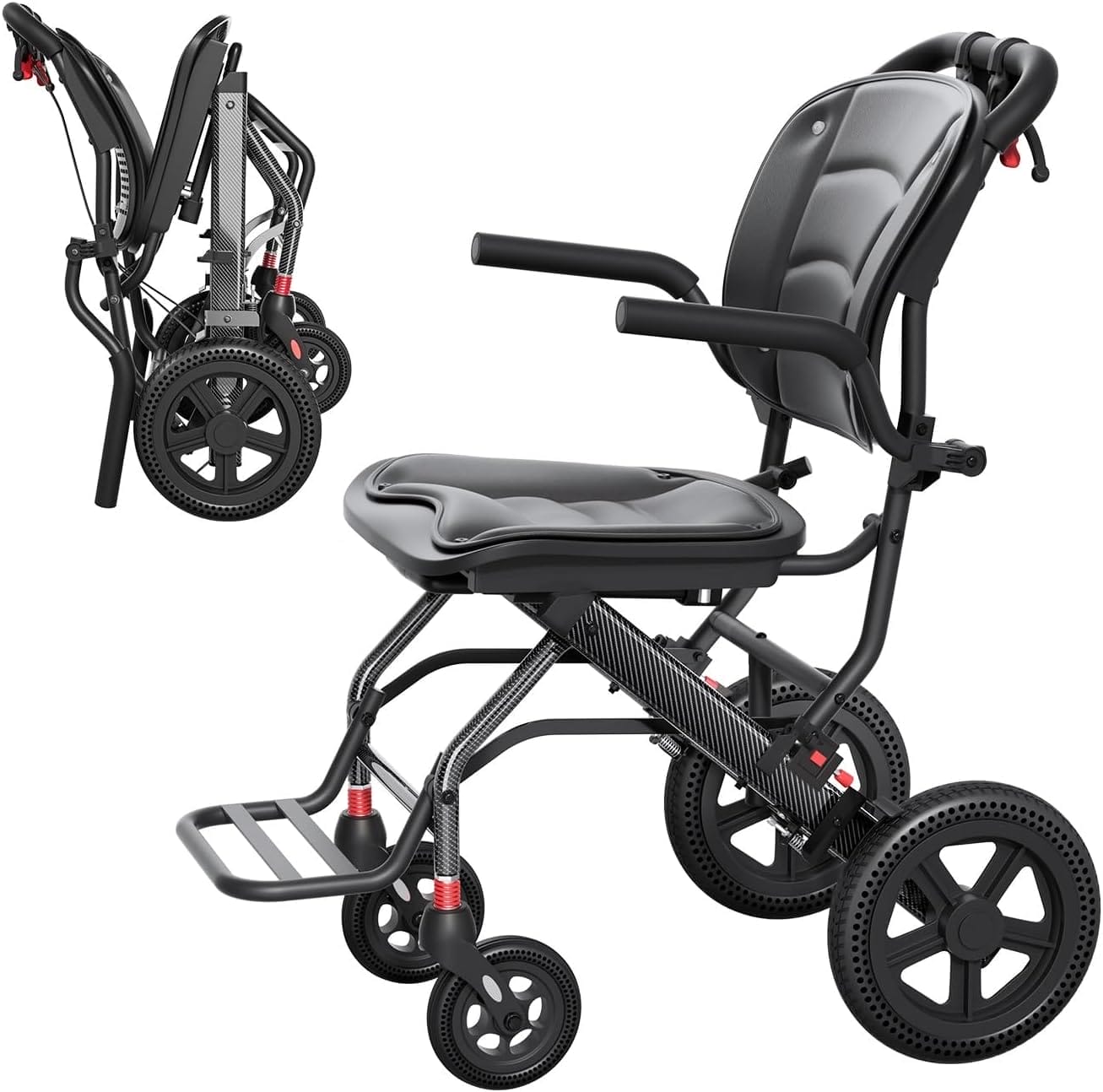 24LBS Lightweight Foldable Transport Wheelchair for Adults & Seniors Portable Aluminum Travel Chair with Handbrake 9" Honeycomb Tires Compact Wheelchair Holds 220 LBS, Black, 15.6" Seat Width