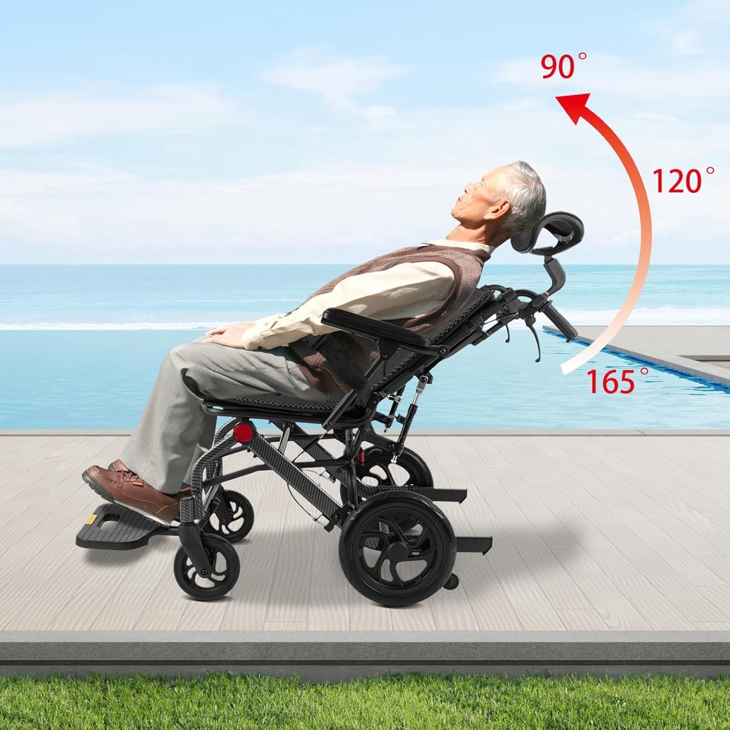 Lightweight Reclining Travel Wheelchair, Folding All Terrain Reclining Transport Wheelchair for Adults and Seniors, 18.11in Reclining Seat with Adjustable Backrest & Headrest, Support 286lbs - Image 3