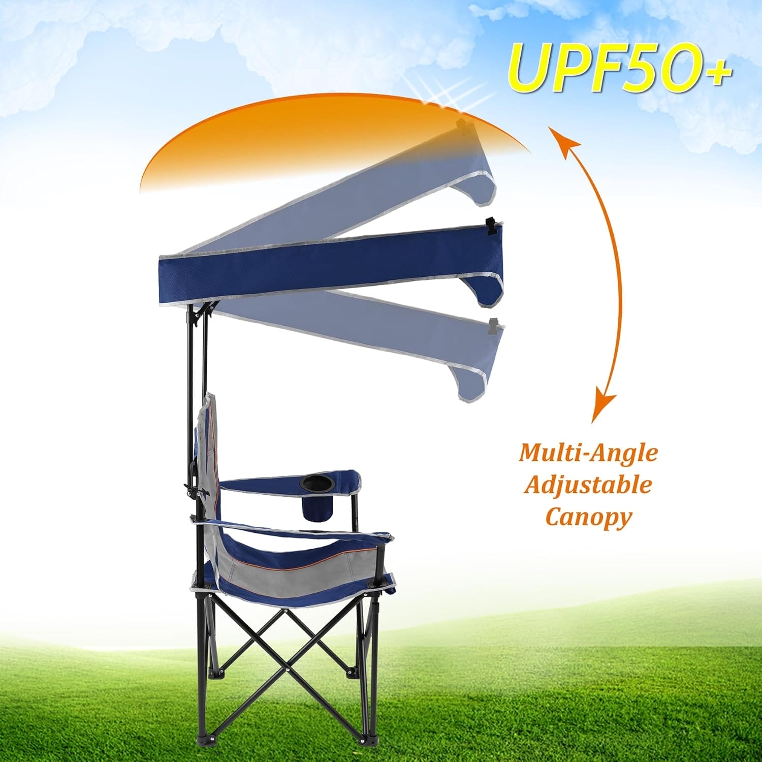 FAIR WIND Oversized Camping Lounge Chair with Adjustable Shade Canopy, Heavy Duty Quad Fold Chair Arm Chair - Support 350 LBS(Blue Grey) - Image 4