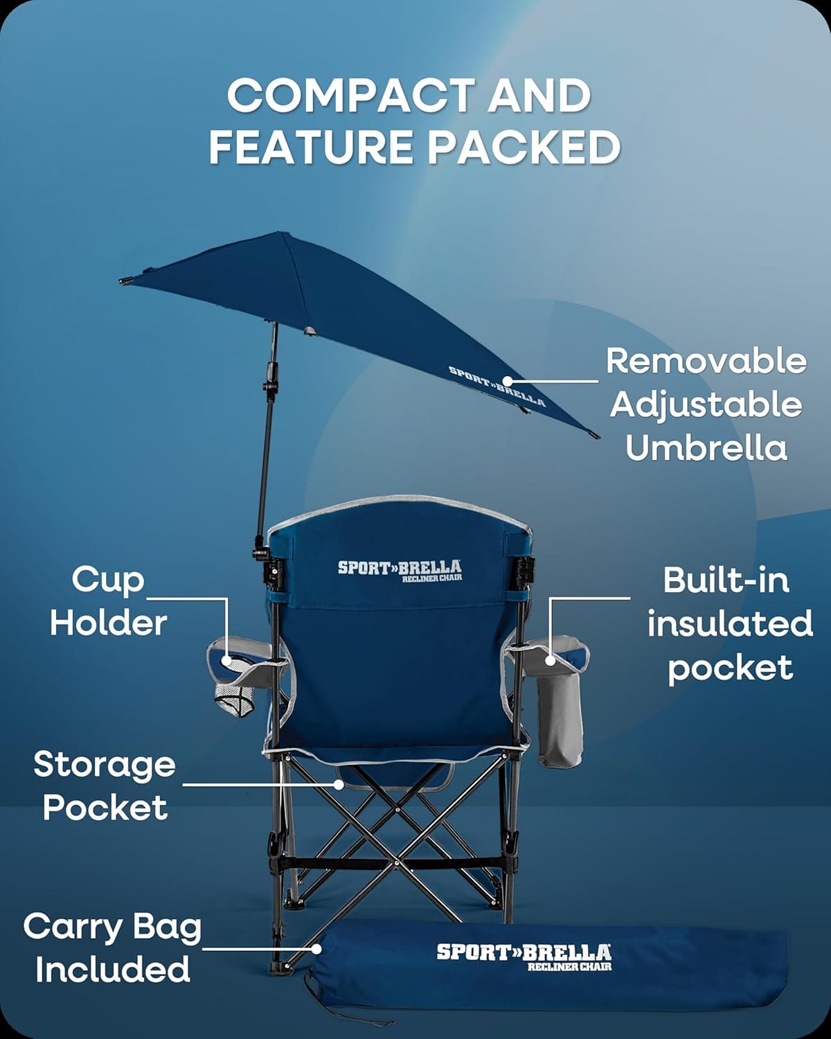 Sport-Brella Reclining Beach Chair (Midnight Blue) - 3-Position Adjustability, Detachable Footrest - 3-Way Swiveling UPF 50+ Umbrella - Insulated Drink Pocket, Cup Holder, Zippered Storage & Carry Bag - Image 6