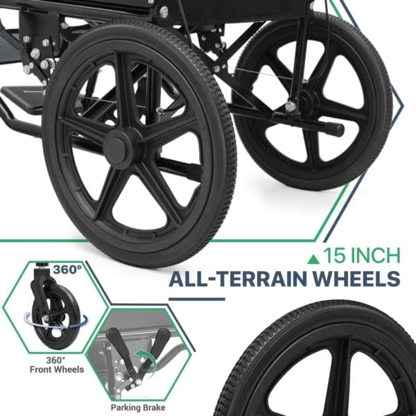 Magshion Foldable Transport Wheelchair for Adults 250 Lbs, Lightweight Transport Chair for Seniors, Portable Wheel Chair with Removable Cushion, Push-to-Lock & Hand Brakes, 17.5" Seat (Black Frame) - Image 8