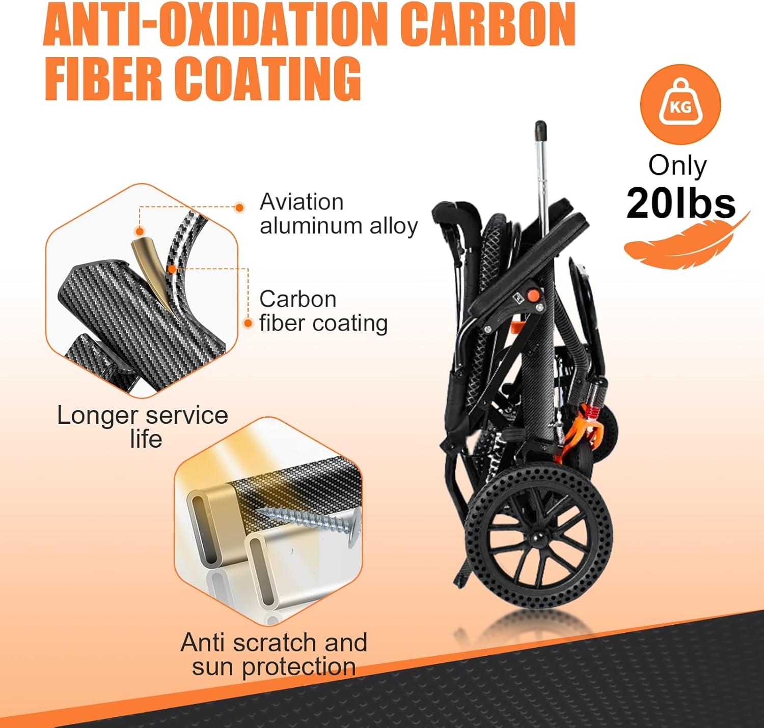 20LBS Lightweight Foldable Transport Wheelchair for Adults - Carbon Fiber Coating, 10” Honeycomb Wheels, 220LBS Capacity, Pull Rod, 16.2” Seat, Portable for Travel & Daily Use - Image 5