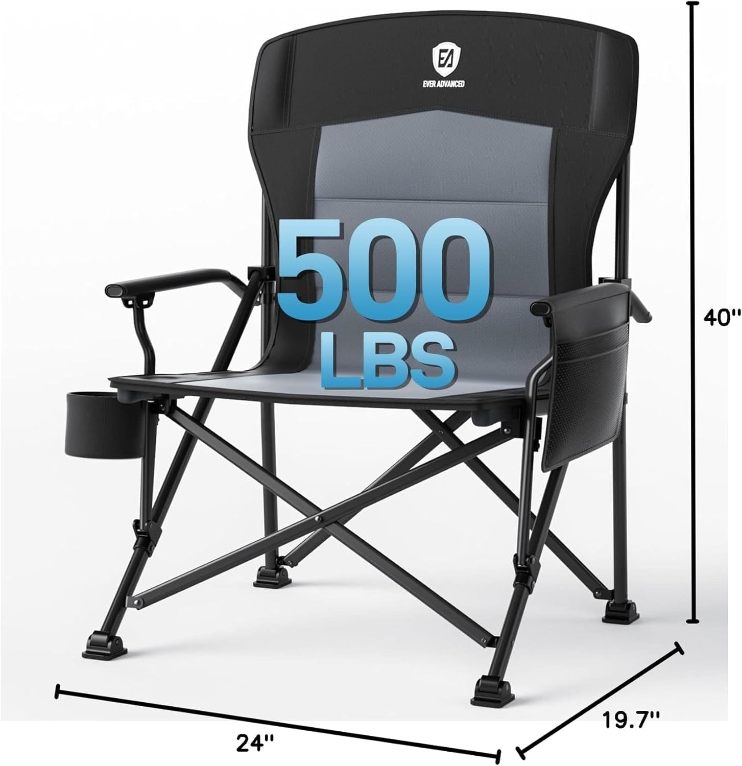EVER ADVANCED Oversized Folding Camping Chair for Adults, Heavy Duty Lawn Chair with Side Pockets, Portable Collapsible Quad Chair for Outside, Support Up to 500lbs - Image 3