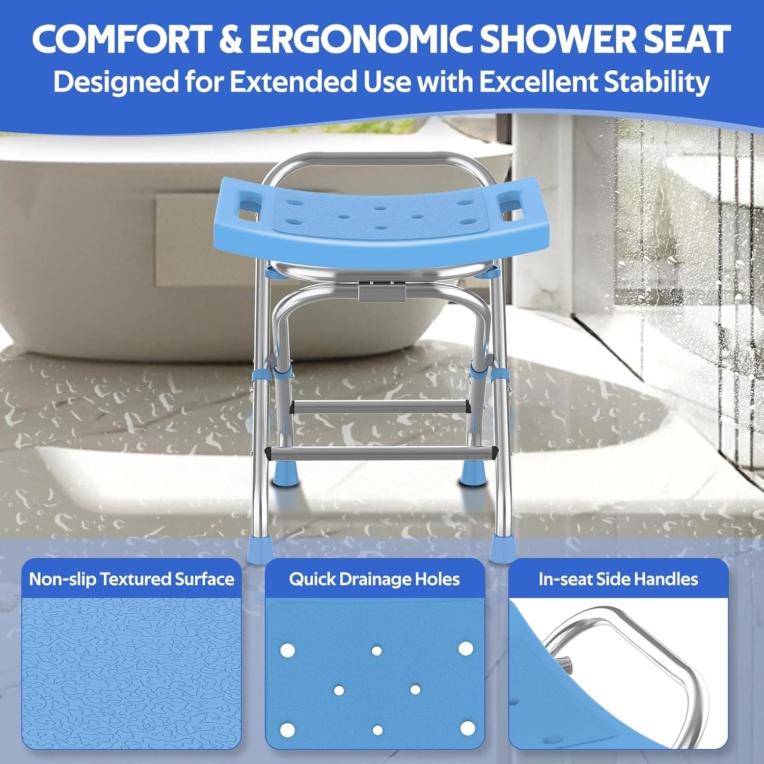 Folding Shower Seat - Stainless Steel Shower Chair for Inside Shower - 420lbs Height Adjustable Foldable Shower Stool - Portable Travel Collapsible Bath Bench for Elderly, Senior, Handicap & Disabled - Image 3