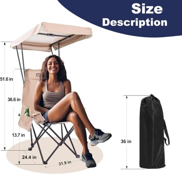 YOUNG WOOD Portable Camping Chair Beach Chair with Shade Canopy, Fold Lightweight Oversized Suit for All, Easy to Open,Close Without Installation, Side Pocket Design for All Outdoor Activities,Khaki - Image 3