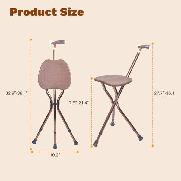 UNLICON-Brown Folding Cane Stool with Seat – Lightweight Adjustable Walking Cane for Seniors, Ergonomic Design, 330 lbs Capacity, Portable and Convenient Cane Chair with Anti-Slip Feet - Image 3