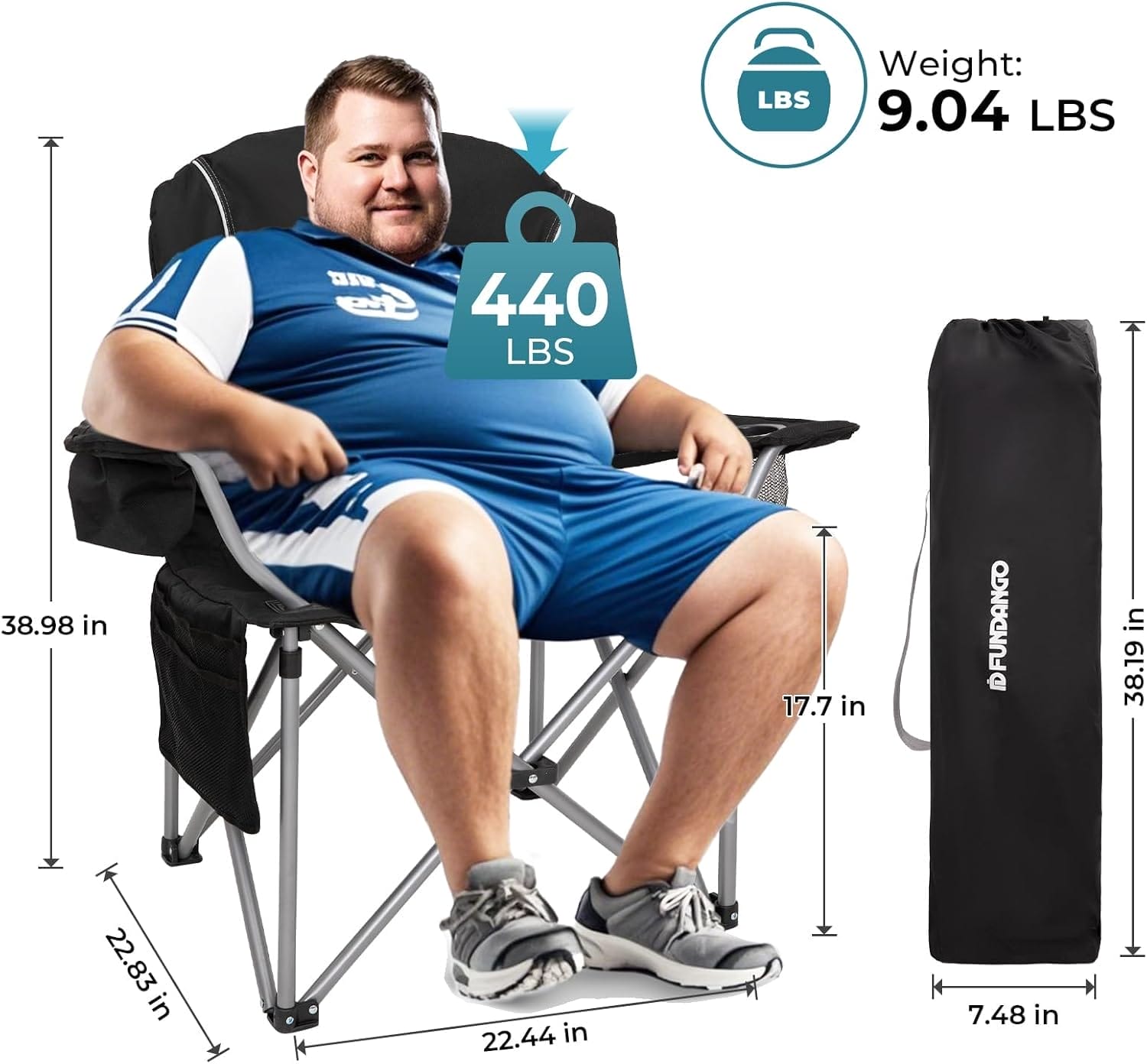 FUNDANGO Folding Camping Chair Heavy Duty, Oversized 440 Lbs Support Outdoor Camp Chairs with Lumbar Support & Cooler Pocket for Fishing Backyard Sports Beach Garden (Black/Grey) - Image 2