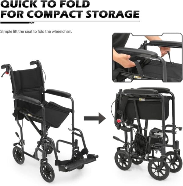 monicare Wheelchairs for Adults 16 inch Seat Folding Compact Transport Chair with Loop-Lock Handbrakes and Back Folds Down Foldable Lightweight Wheel Chair for Storage, 250 lbs Capacity, Black - Image 11