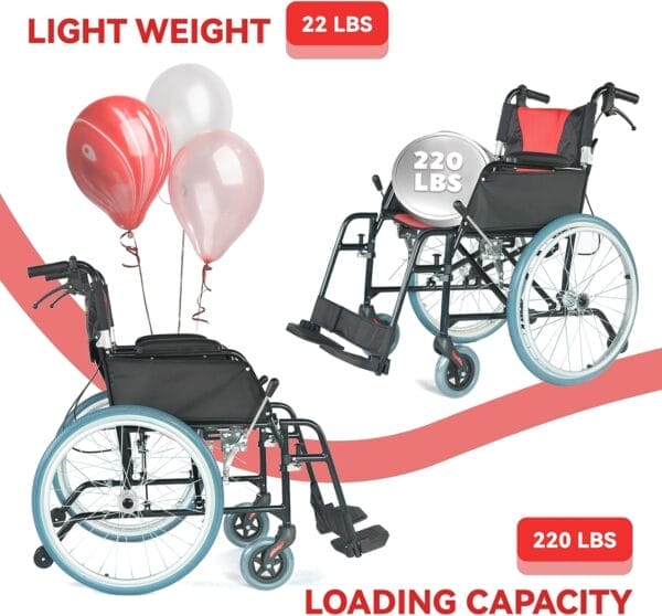 Ultra Lightweight Foldable Wheelchair, Wheelchairs for Adults, Weights only 22 lbs, Portable & Transport Wheelchair with Handbrakes, Swing Away Footrests and Anti-tippers - Image 3