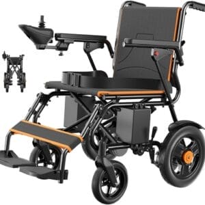 POWET Electric Wheelchairs for Adults, Intelligent Foldable Electric Wheelchair for Senior, 15 Miles Long Cruise Range Power Wheelchair, All Terrain Motorized Wheelchair with Powerful Motor (Orange)