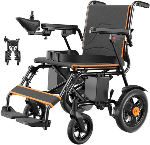 POWET Electric Wheelchairs for Adults, Intelligent Foldable Electric Wheelchair for Senior, 15 Miles Long Cruise Range Power Wheelchair, All Terrain Motorized Wheelchair with Powerful Motor (Orange)