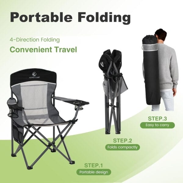 LET'S CAMP Mesh Back Camping Chair Portable Folding Heavy Duty Outdoor Chair Support 330 LBS Durable Large Arm Chair with Cup Holder and Carry Bag for Camp, Fishing, Hiking, Black - Image 7