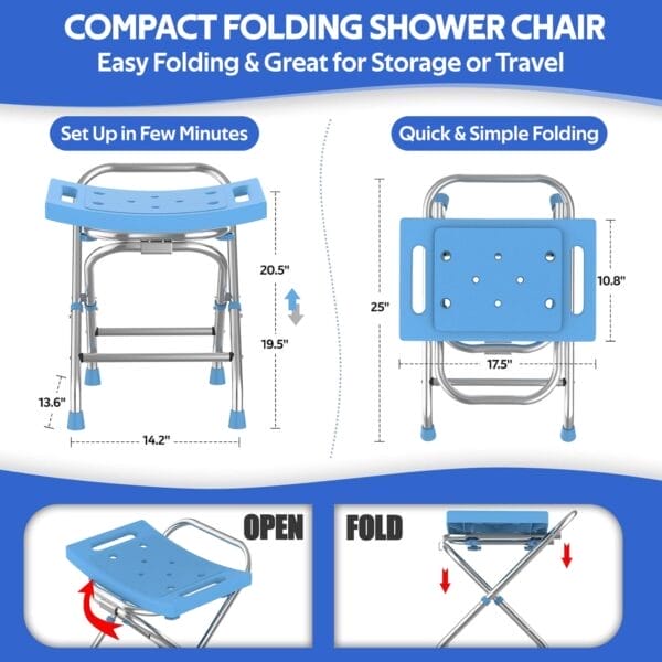 Folding Shower Seat - Stainless Steel Shower Chair for Inside Shower - 420lbs Height Adjustable Foldable Shower Stool - Portable Travel Collapsible Bath Bench for Elderly, Senior, Handicap & Disabled - Image 5