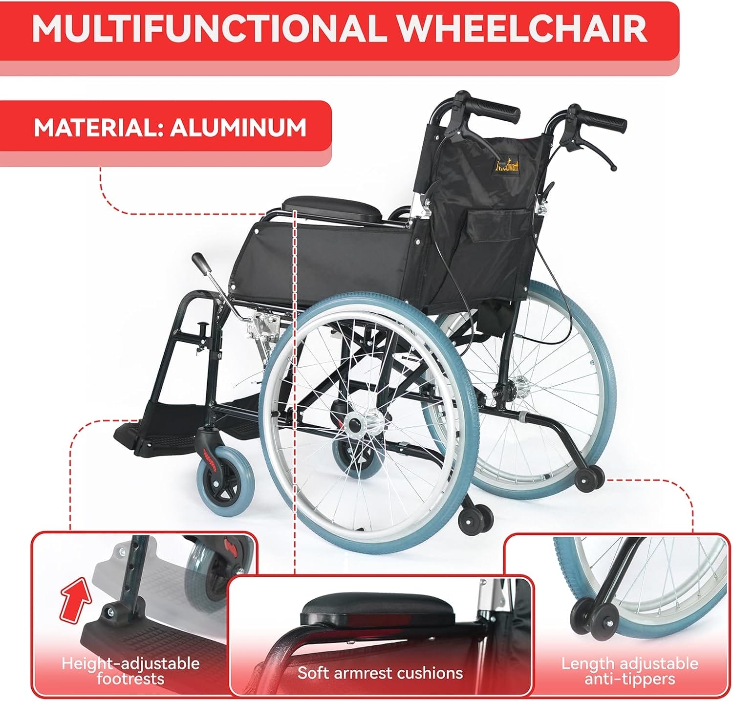 Ultra Lightweight Foldable Wheelchair, Wheelchairs for Adults, Weights only 22 lbs, Portable & Transport Wheelchair with Handbrakes, Swing Away Footrests and Anti-tippers - Image 4