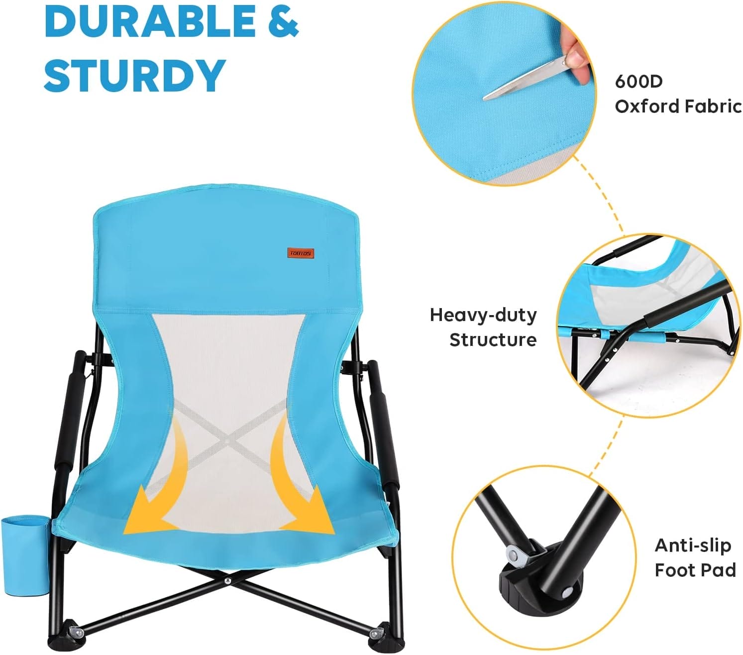 TOBTOS Low Beach Chair, Beach Chairs for Adults 2 Pack, Low Profile Folding with Cup Holder & Carry Bag, Heavy Duty Chair for Outdoor Sand, Camping, Concert, Travel - Image 4