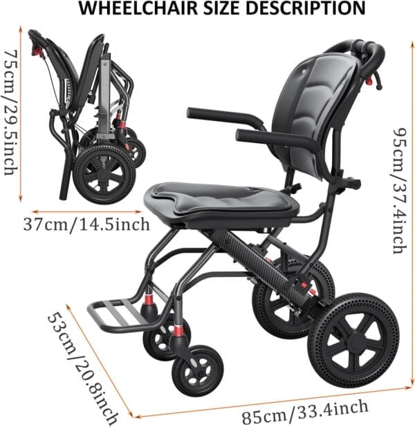 24LBS Lightweight Foldable Transport Wheelchair for Adults & Seniors Portable Aluminum Travel Chair with Handbrake 9" Honeycomb Tires Compact Wheelchair Holds 220 LBS, Black, 15.6" Seat Width - Image 4