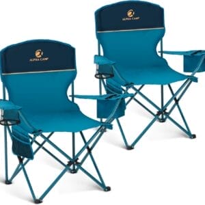 LET'S CAMP Camping Chair 2 Pack Folding Chair with 3-Can Cooler Bag Portable Lawn Chair with Cup Holder,Storage Pocket, Supports 225LBS, Collapsible Chair for Camp, Beach, Picnic (Blue)