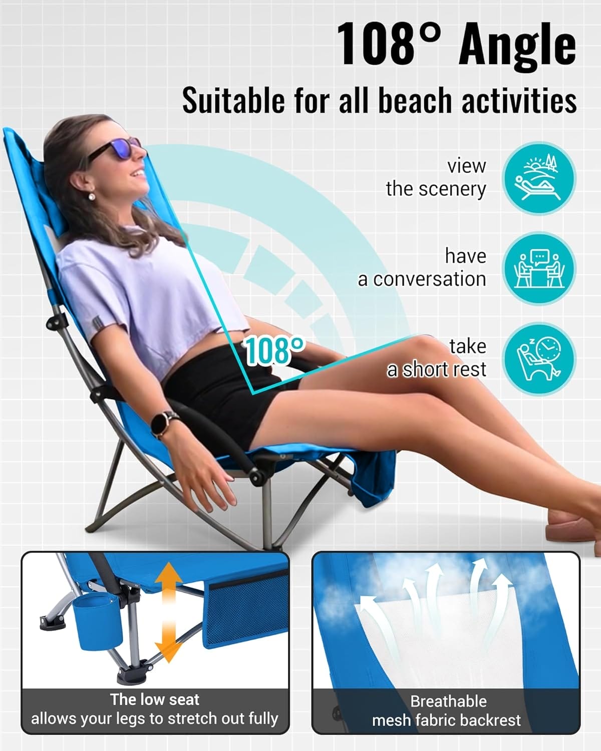 KingCamp Low Beach Chairs, Portable Folding Chair for Adults Extra Wide Ergonomic High Back Seat 300lbs Heavy Duty Lightweight Oversized Gear with Carry Bag for Outdoor Lawn Camping Picnic - Image 5