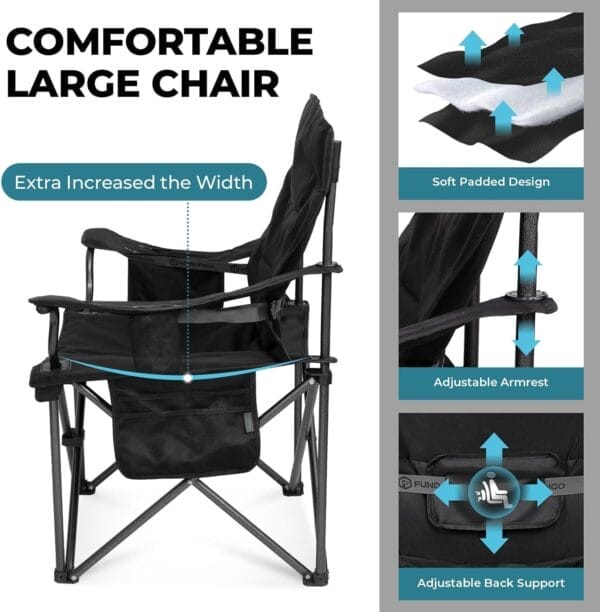 FUNDANGO Oversized Fold Camping Chair for Adults, 550 Lbs Portable Folding Beach Fishing Lawn Chair with Cushion seat & Back, 4-can Cooler&Cup Holder, Carry Bag Included for Outdoor (Black) - Image 3