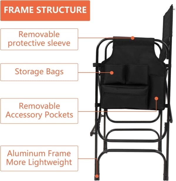 mefeir 30" Tall Directors Chair Black Folding with Side Table Storage Bag,Portable Makeup Artist Bar Height, Aluminum Frame 300 lbs Capacity, 19.2" D x 23.6" W x 45.6" H - Image 6