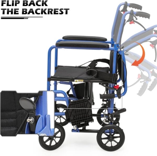 monicare Lightweight Wheelchair 16 inch Seat Ultralight Transport Chair with Locking Hand Brakes and Swing-Away Foot Rests Foldable Wheel Chair for Adults, 250 lbs Capacity, Blue - Image 9