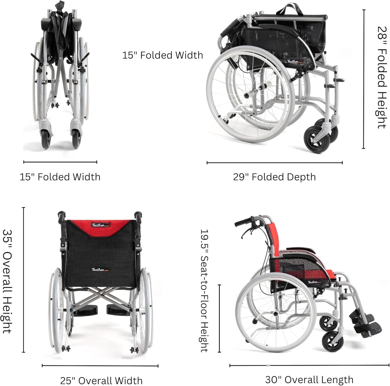 Feather Mobility - Red Cushion 13.5lb Silver Frame Lightweight Folding Wheelchair - Seat Width 18" with Swingaway Legrests, Anti-tippers, and Quick Release Wheels - Image 2